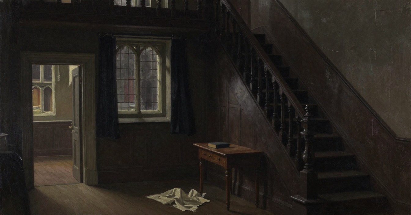 The hall in the blackout: a pale dust sheet lying crumpled on the floor beside a bare hall table with an old book on it, dark curtains at the tall window, the great stair rising into shadow, and a faint glow through a far doorway. Nobody in sight.