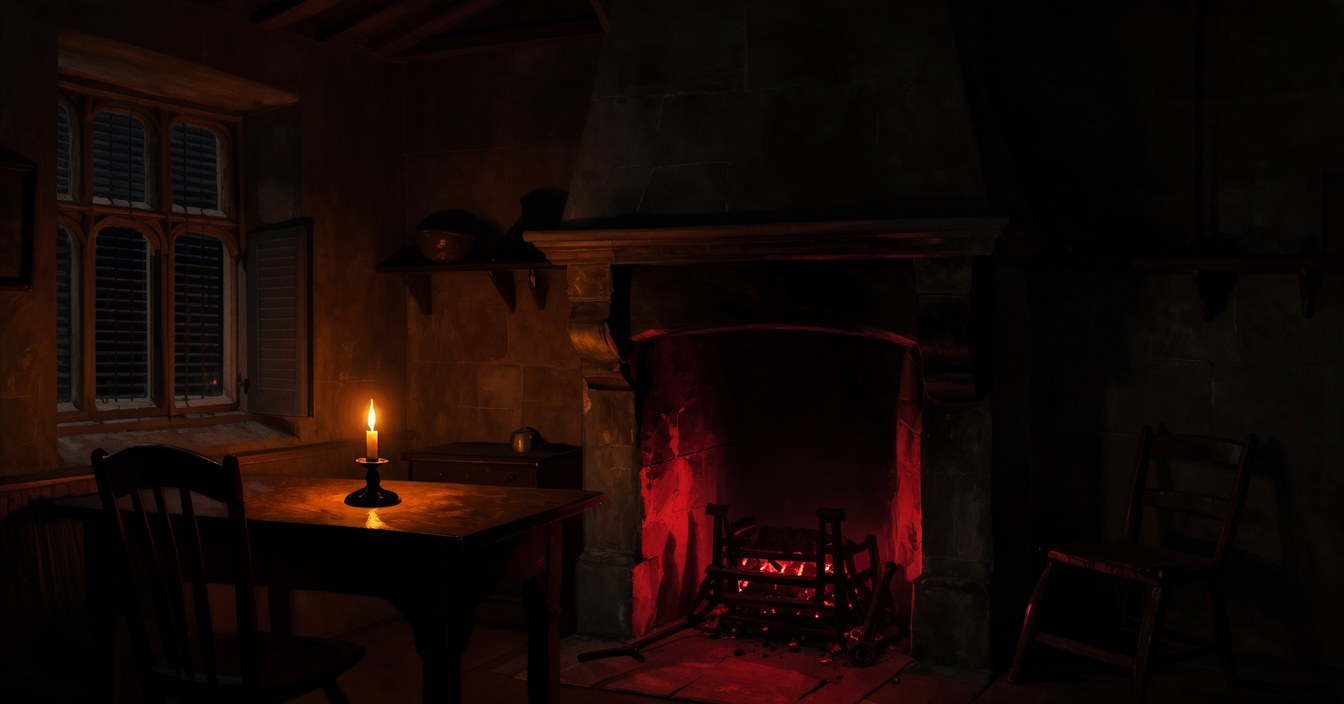 The kitchen in the dark at three in the morning: the great stone fireplace with its fire almost out, only a dull red glow of embers in the iron grate, one candle burning on the table, chairs in shadow and the window shuttered. Nobody in sight.