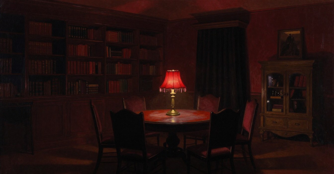 The séance room in deep red darkness: a red silk-shaded lamp just glowing on the round table, empty chairs drawn up close around it, a heavy curtain and a glass-fronted cabinet in the corner, and shelves of books lost in shadow. Nobody in sight.