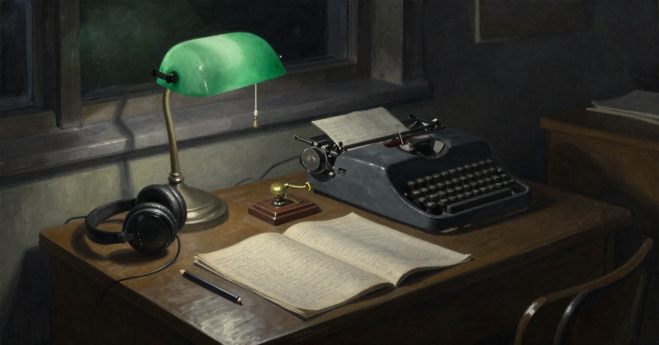 An instructor's desk in a wartime classroom under a green-shaded lamp: a log book lying open, a small brass Morse key on its wooden base, a pair of headphones, a pencil, and a typewriter with a sheet in it. Nobody in sight.