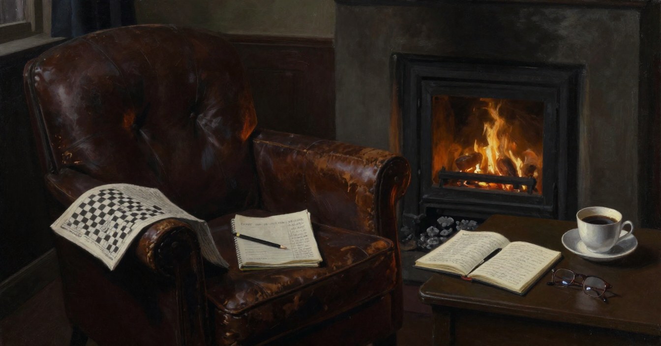 A worn leather armchair by a small fire in the officers' room: a newspaper crossword folded over its arm, a little notebook with a pencilled list and a pencil on the seat, and on the side table an open book, a cup of coffee and a pair of reading glasses. Nobody in the room.