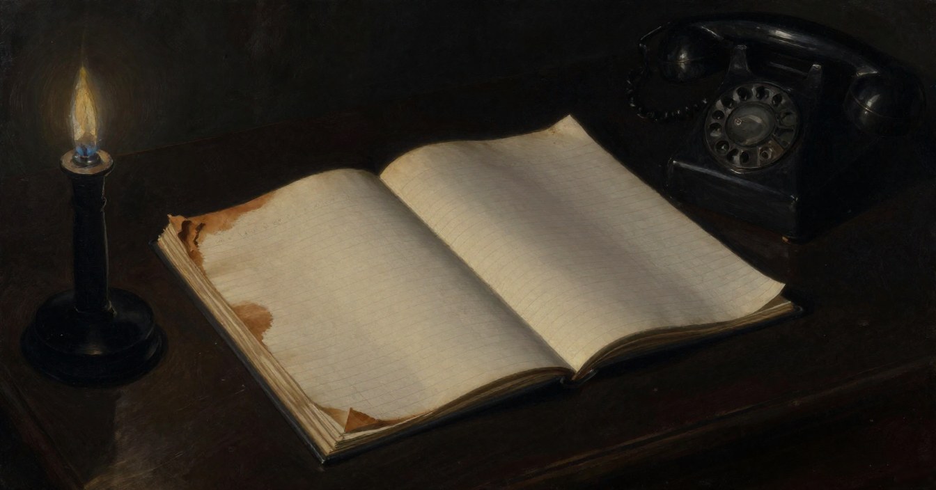 A ruled book lying open on a dark table, the edges of its pages scorched brown, a candle burning beside it and a black telephone at the edge of the light. Nobody in sight.