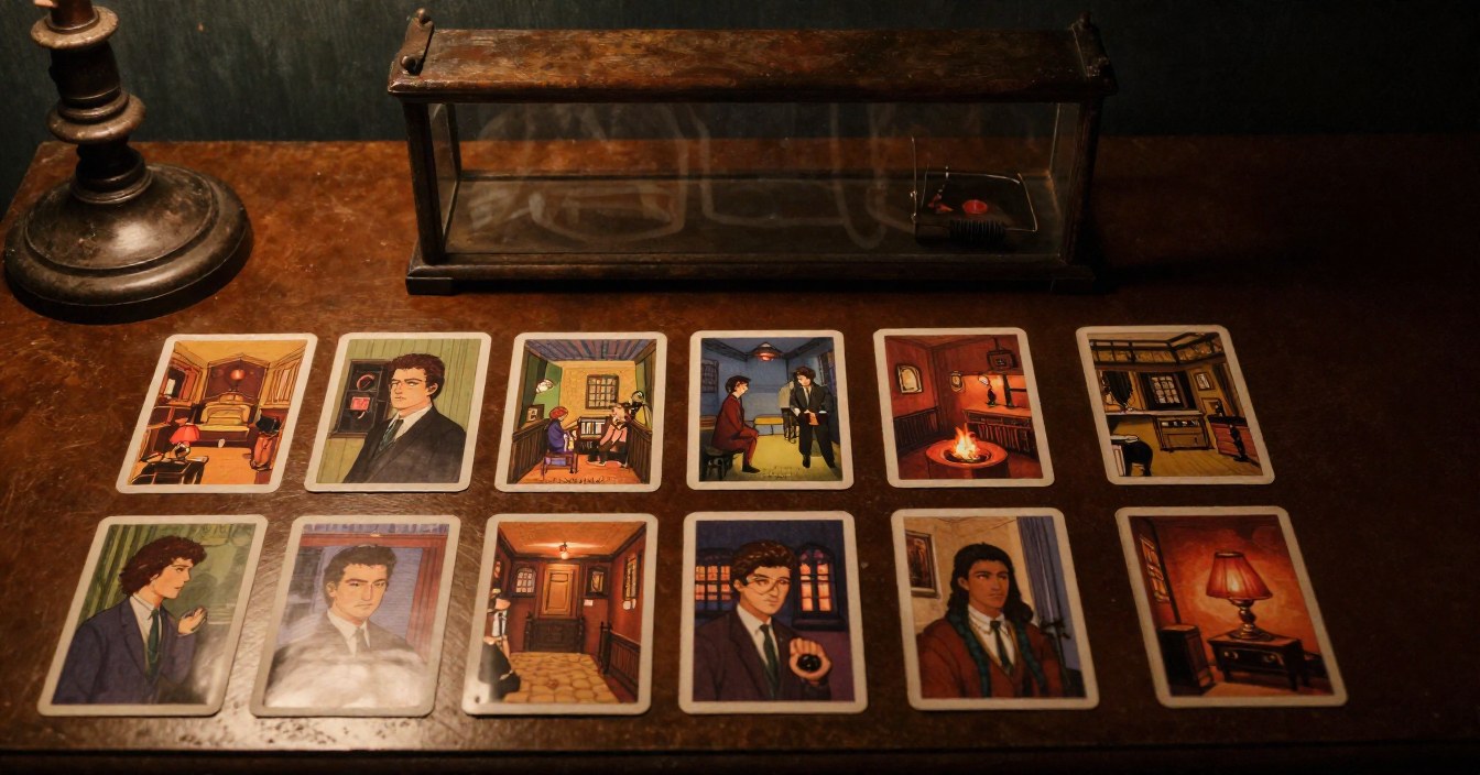 Illustrated cards from an old country-house murder game laid out face up in two rows on the hall table, their small paintings showing faces, rooms of a house, a fire and a red lamp, with an empty glass case pushed back behind them. Nobody in sight.