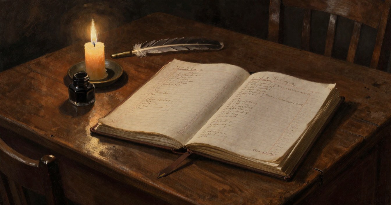 An old household book lying open on a scrubbed wooden table beside a single candle, its pages ruled in columns of faded brown handwriting, a quill and a pot of ink beside it and a chair pulled up. Nobody in sight.