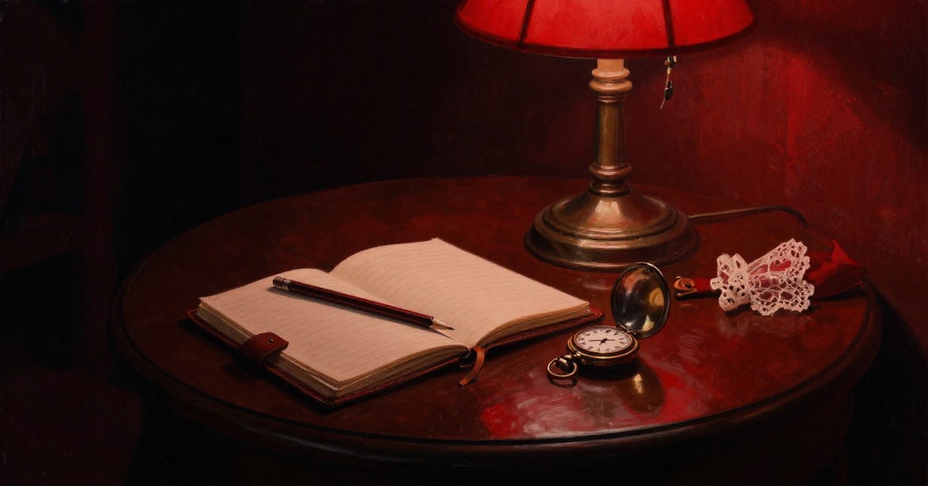 A small leather notebook open on the round table under the red lamp, a pencil across its ruled pages, a gentleman's pocket watch lying open beside it, and a scrap of lace at the edge of the light. Nobody in sight.