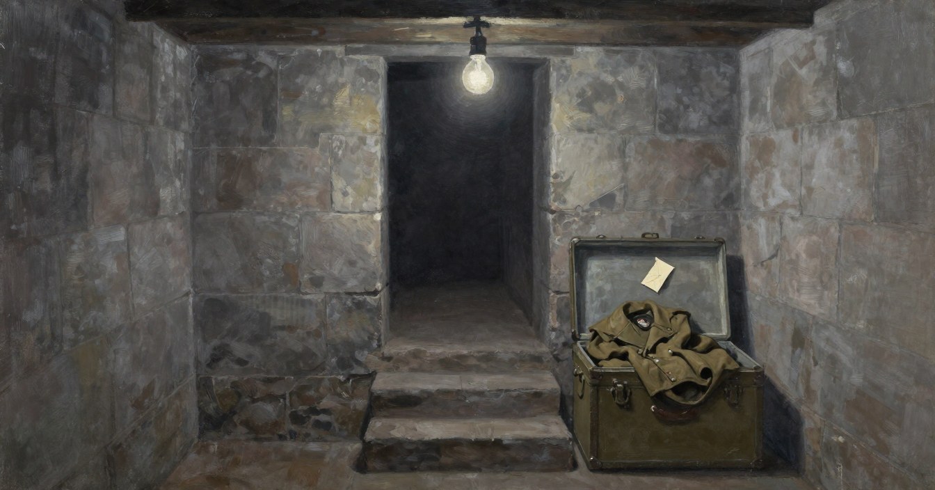 A khaki tin trunk standing open at the foot of the stone cellar steps under one bare bulb, a soldier's greatcoat folded inside it and a small envelope tucked into the lid. Nobody in sight.