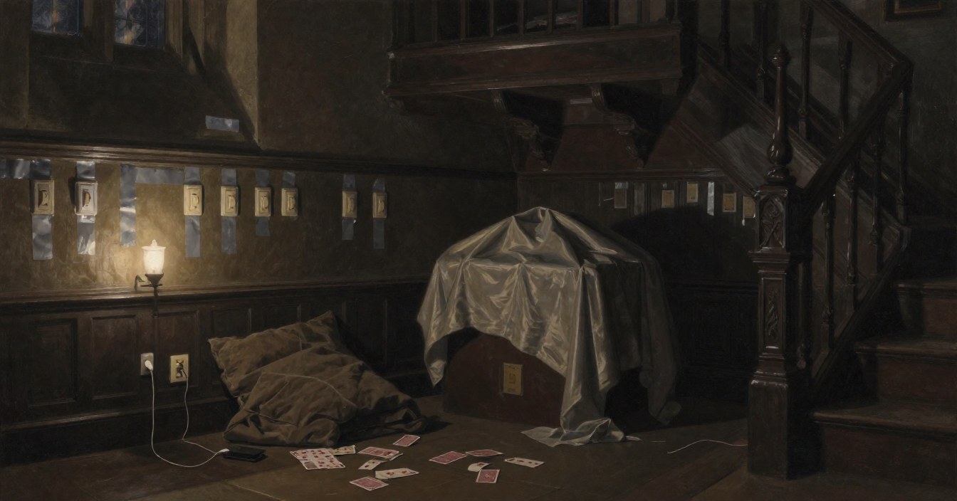 A manor hall at night: every light switch on the wall taped over with silver tape, cushions, a blanket and scattered playing cards on the floor, a phone on charge, and a pale dust sheet thrown over something on a table by the stair. Nobody in sight.
