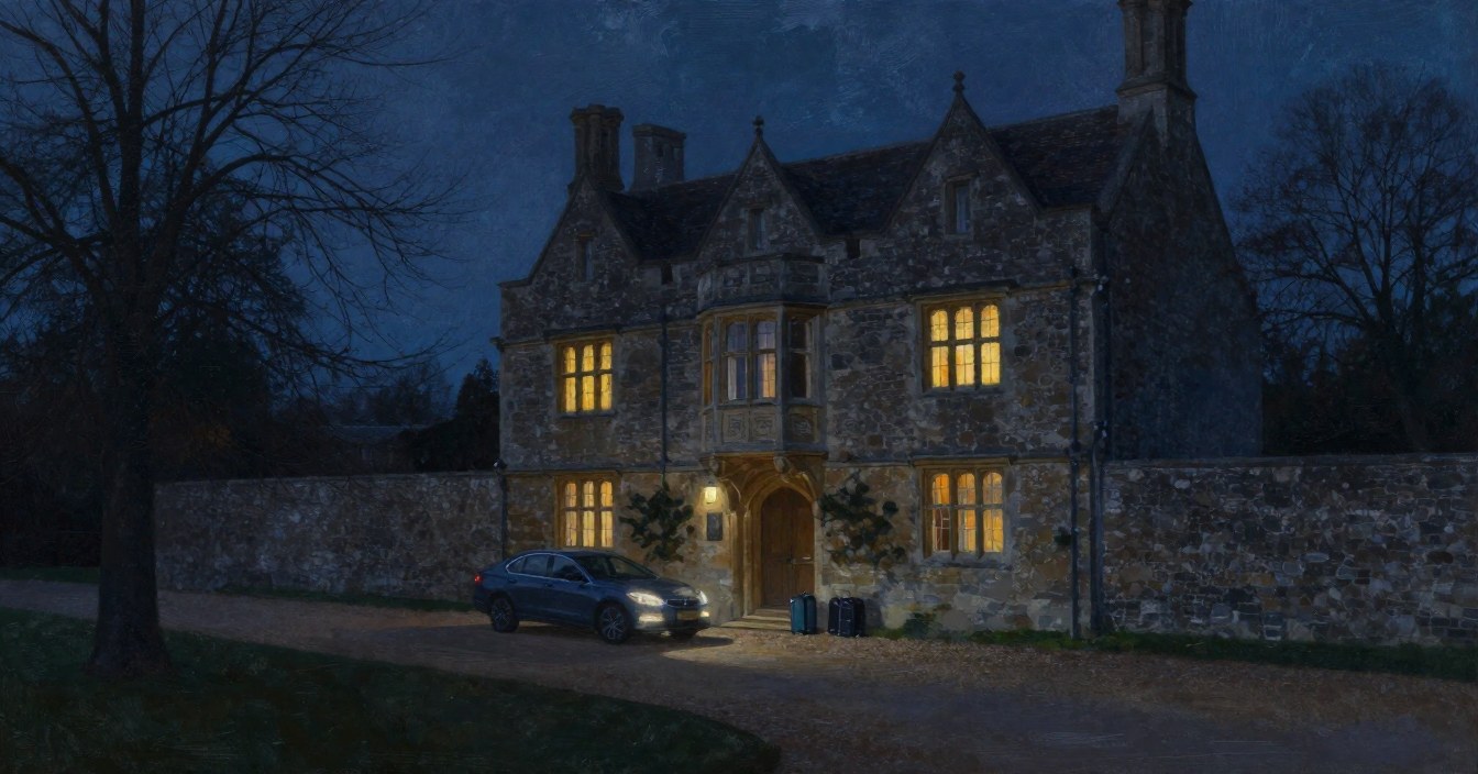 An old stone manor at night seen from its gravel drive, its windows lit, a car parked by the door with its headlights still on and two suitcases waiting on the step. Nobody in sight.
