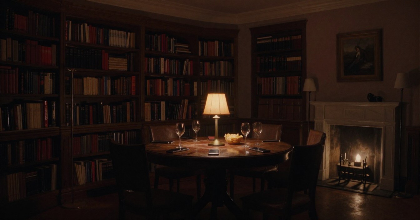 A library in a restored manor at night, lamps burning: a round table with phones lying face down among wine glasses and a bowl of crisps, chairs pushed back, shelves of books, and a candle in the old fireplace. Nobody in the room.