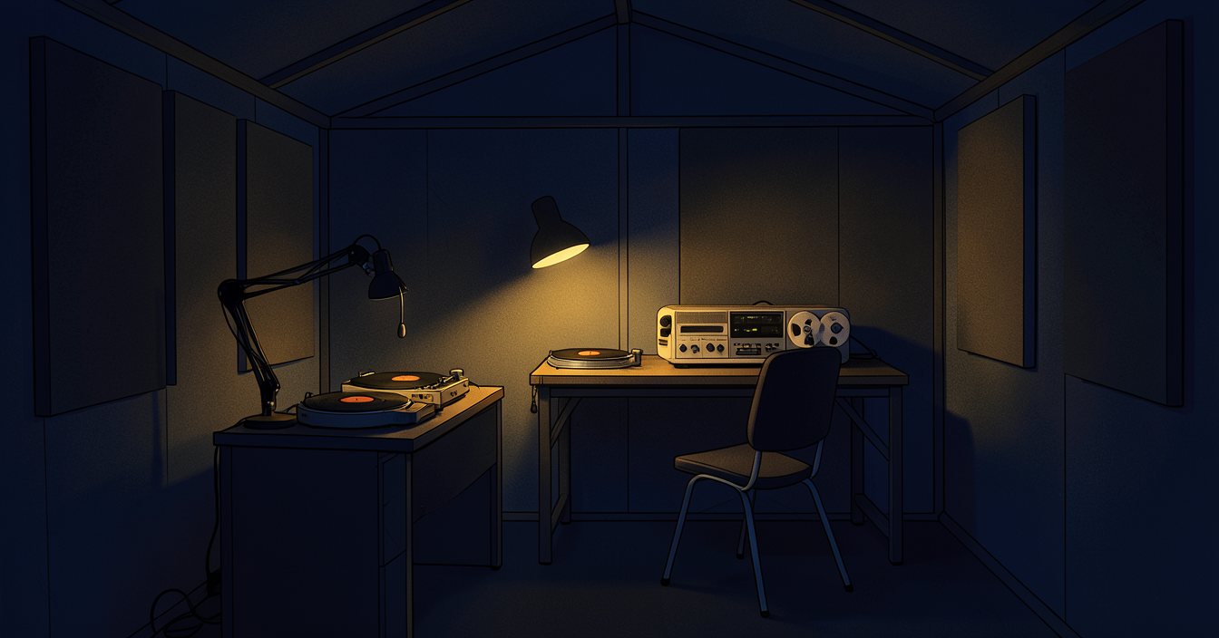 The studio at night: a desk with a microphone on a boom arm, two turntables and a reel-to-reel tape machine, acoustic panels on the walls, one desk lamp lit, and a chair pushed back from the desk. Nobody in the room.