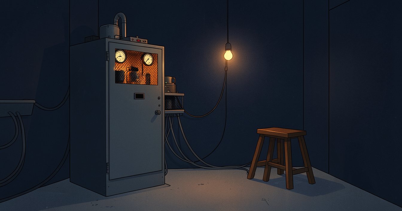 The transmitter room: a grey steel cabinet with two round meter dials and the orange glow of valves behind a mesh grille, cables running away along the concrete floor, a bare bulb on a flex, and a wooden stool. Nobody in the room.