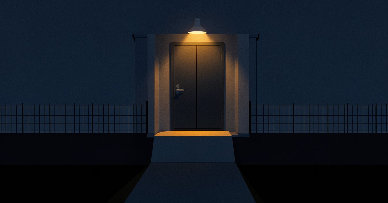 The door at night, shut, seen from outside: a concrete step in a pool of lamplight from a bulkhead lamp above it, a fence running past on both sides, and a path leading away from the step into the dark.