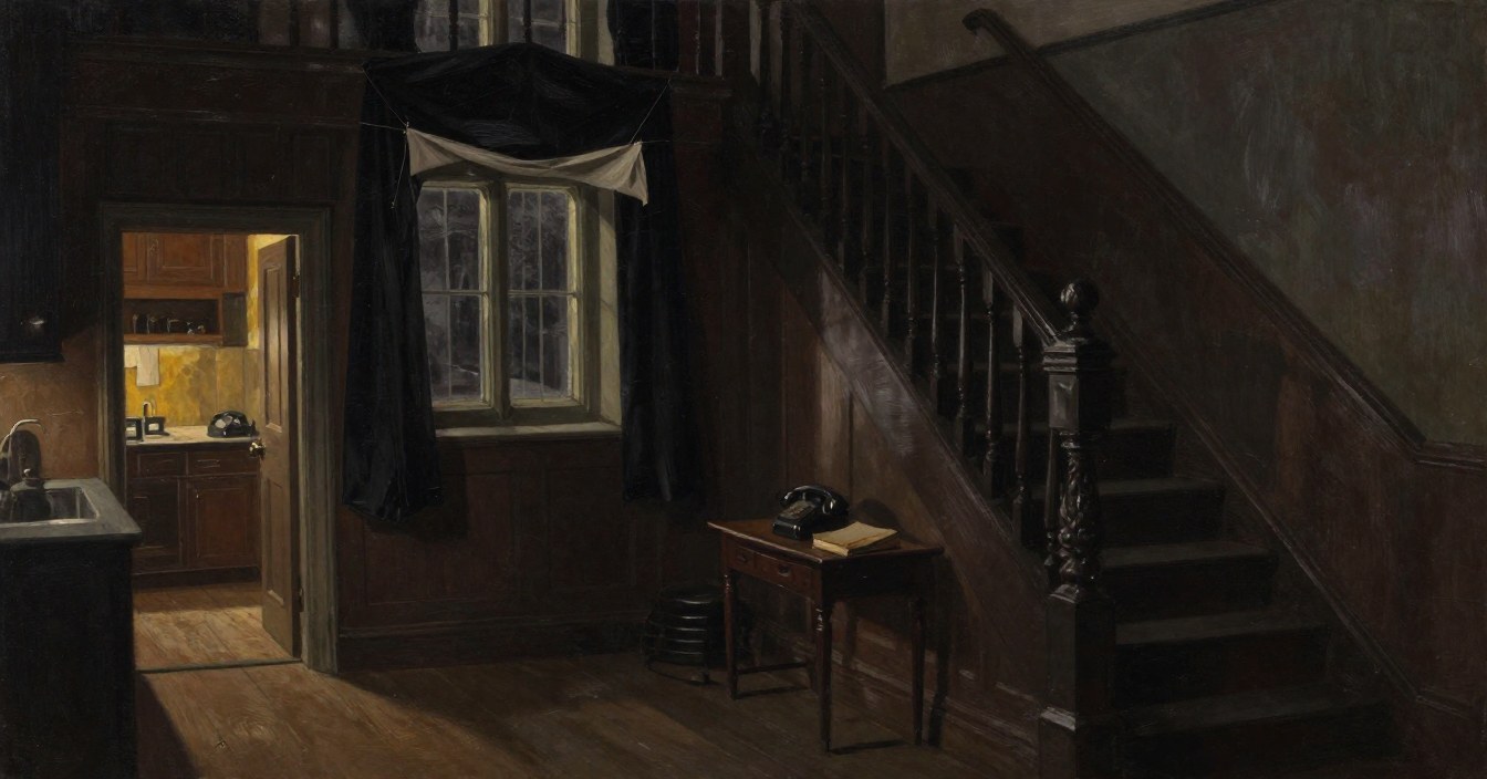 The hall of an old manor in the wartime blackout: black cloth hung half across the tall window, a black telephone and a book on a small table by the stair, the carved newel post at its foot, and a dim glow from the kitchen doorway. Nobody there.