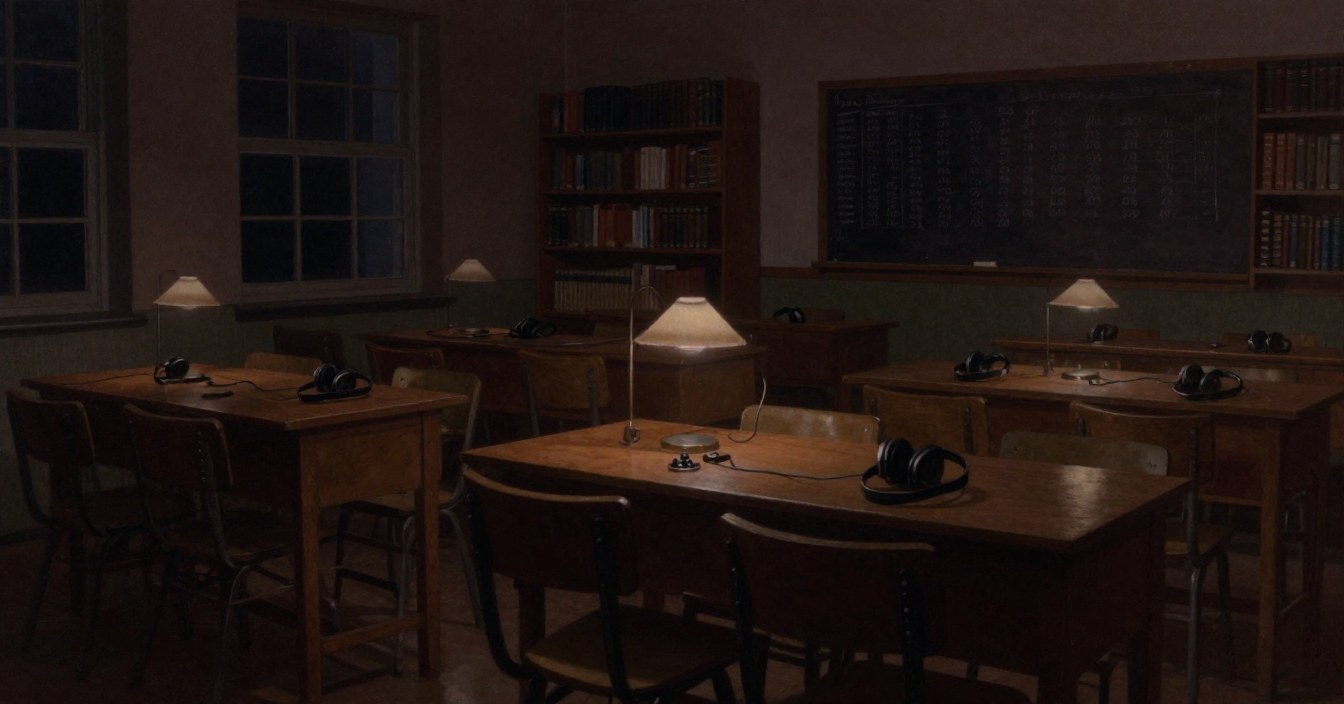 A manor library turned into a wireless classroom in 1942: rows of empty desks with Morse keys, headphones and shaded lamps, a blackboard ruled in columns of chalk, bookshelves behind, and tall windows black with night. Nobody in the room.
