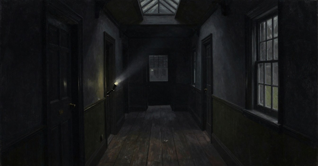 A dark manor passage in the blackout: a bare skylight overhead, closed doors down either side, tall windows grey with night and nothing over them, and a torch propped by a doorway throwing one thin beam across the dark. Nobody there.