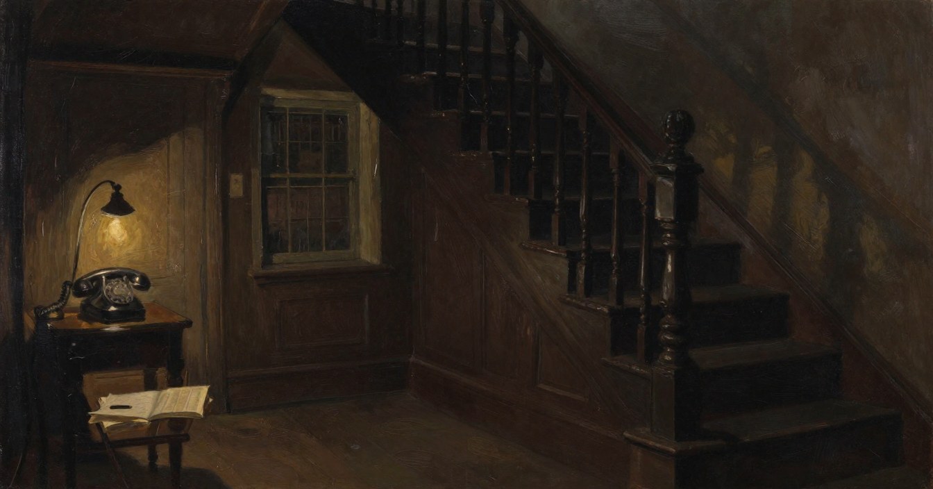 A black wartime telephone on a small table in the corner of a dark hall, a hooded lamp bent low over it, an open ledger on the shelf beneath, and across the floor the oak stair with its carved newel post. Nobody there.