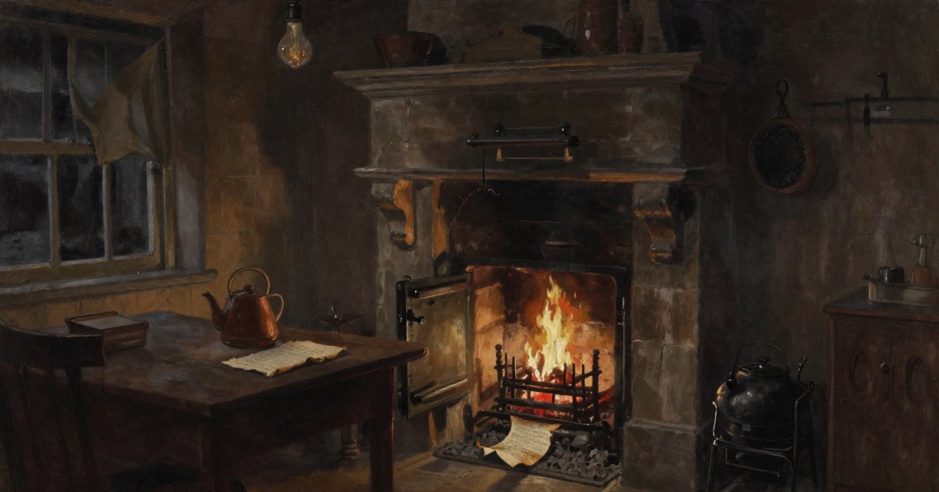 The manor kitchen in the 1942 blackout: a black iron range set into the old stone fireplace, its fire door open on a bright fire, a curl of half-burnt paper in the ash pan beneath, a copper kettle and a sheet of paper on the scrubbed table, and one bare bulb. Nobody in the room.