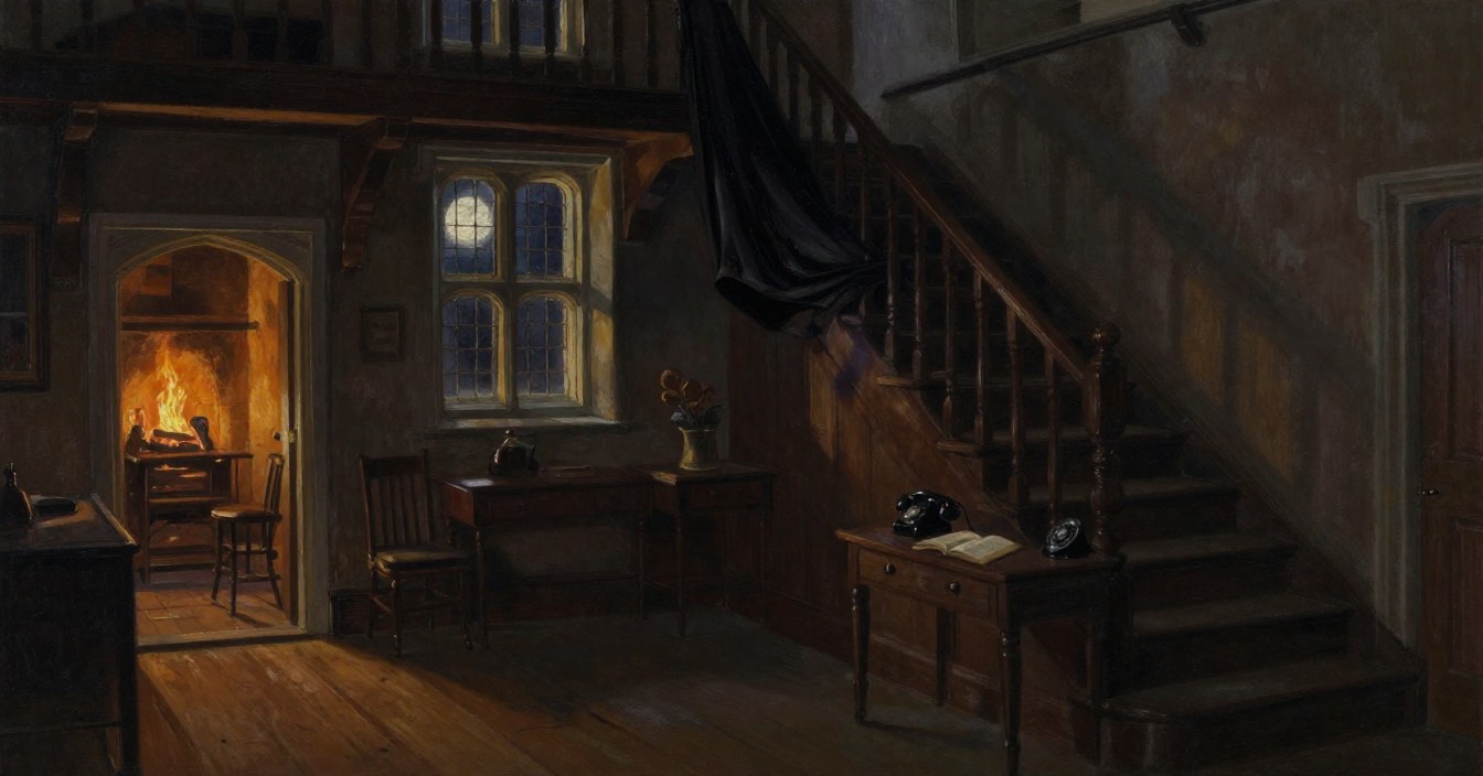 A blacked-out manor hall just before midnight: a telephone back on its hook at the foot of the stair, the blackout cloth fallen from a tall window letting in moonlight, an open book on the hall table, and a fire glowing through a far doorway. Nobody there.