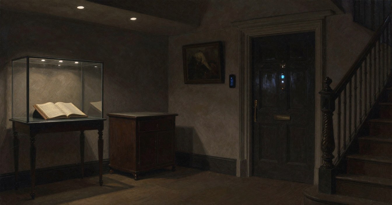 The hall of a restored manor in 2026 at night, lit by a few recessed lights: a keypad lock glowing blue beside a heavy front door, a glass case on a hall table holding an old open ledger, and the carved newel post at the foot of the stair. Nobody there.