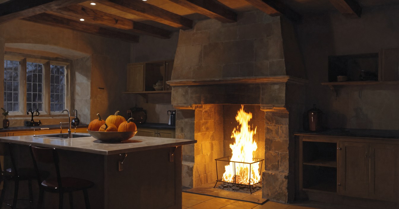 A modern kitchen in an old manor at night: a pale stone island with a bowl of pumpkins, recessed lights in the old oak beams, and in the wall a great stone fireplace where tall flames rise out of an empty iron fire basket. Nobody in the room.