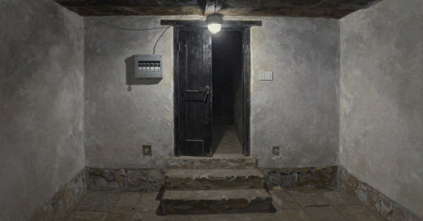 A stone cellar in a restored manor under one modern light: worn stone steps up to an old black oak door standing open, an iron key in its lock, and a modern fuse board on the whitewashed wall where a soldier's trunk once stood. Nobody there.