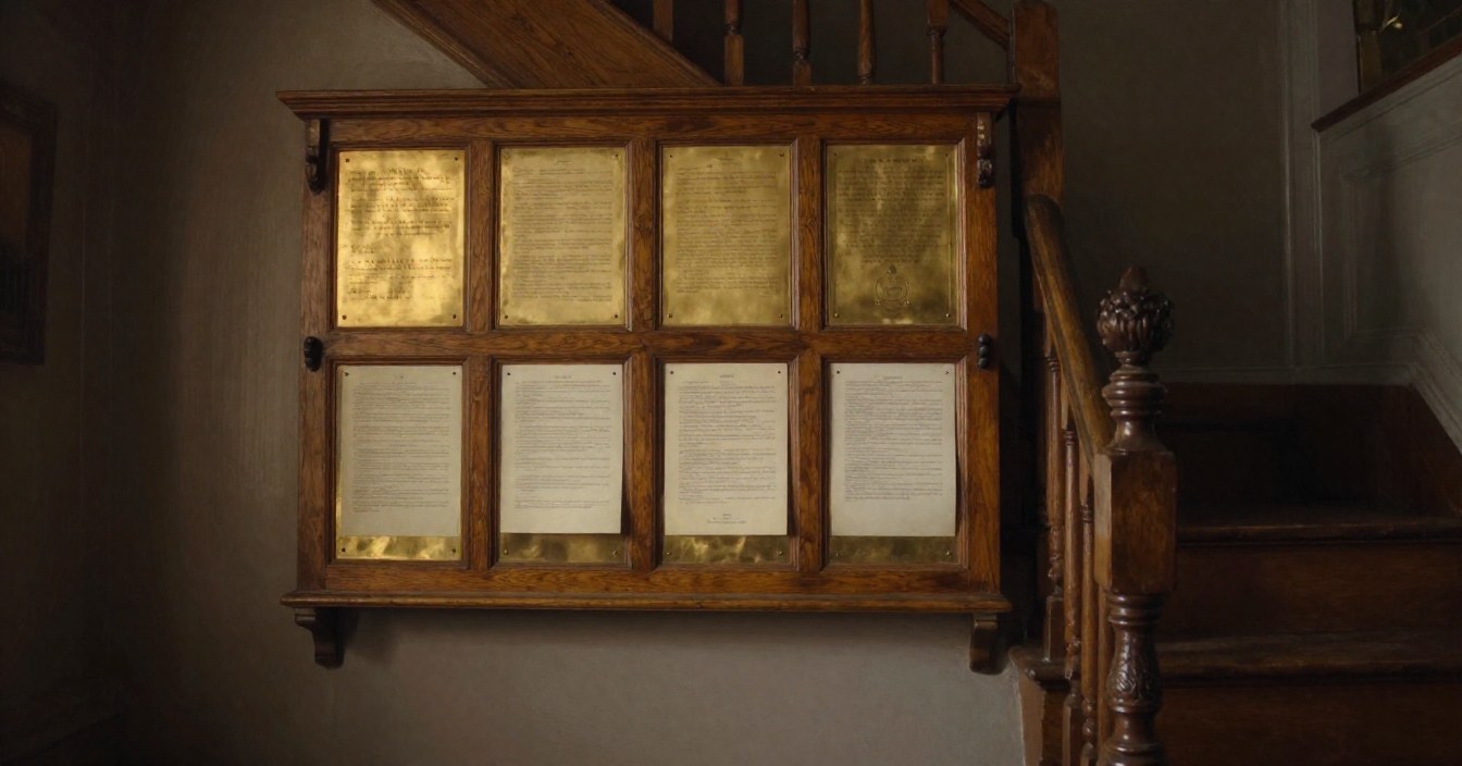 An oak-framed history board on the wall beside a manor stair: four engraved brass plates along the top, four printed sheets pinned in the panels beneath them, and the carved newel post at the foot of the banister. Nobody there.