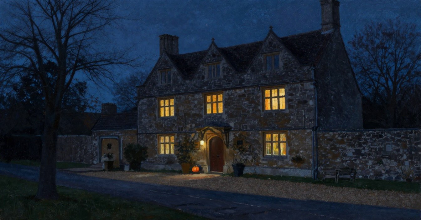 A stone manor seen from its gravel drive on a dark autumn night: the windows of both main floors lit, the attic dormers already dark, a lamp over the arched front door and a pumpkin on the step. Nobody in sight.