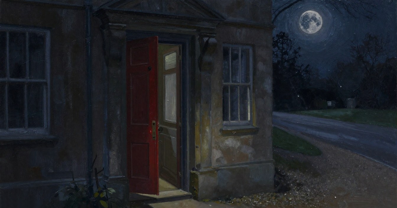 The manor's front door, painted red, standing open at midnight with a little warm light in the hall behind it, every window dark, and the road running away under a full moon. Nobody in sight.