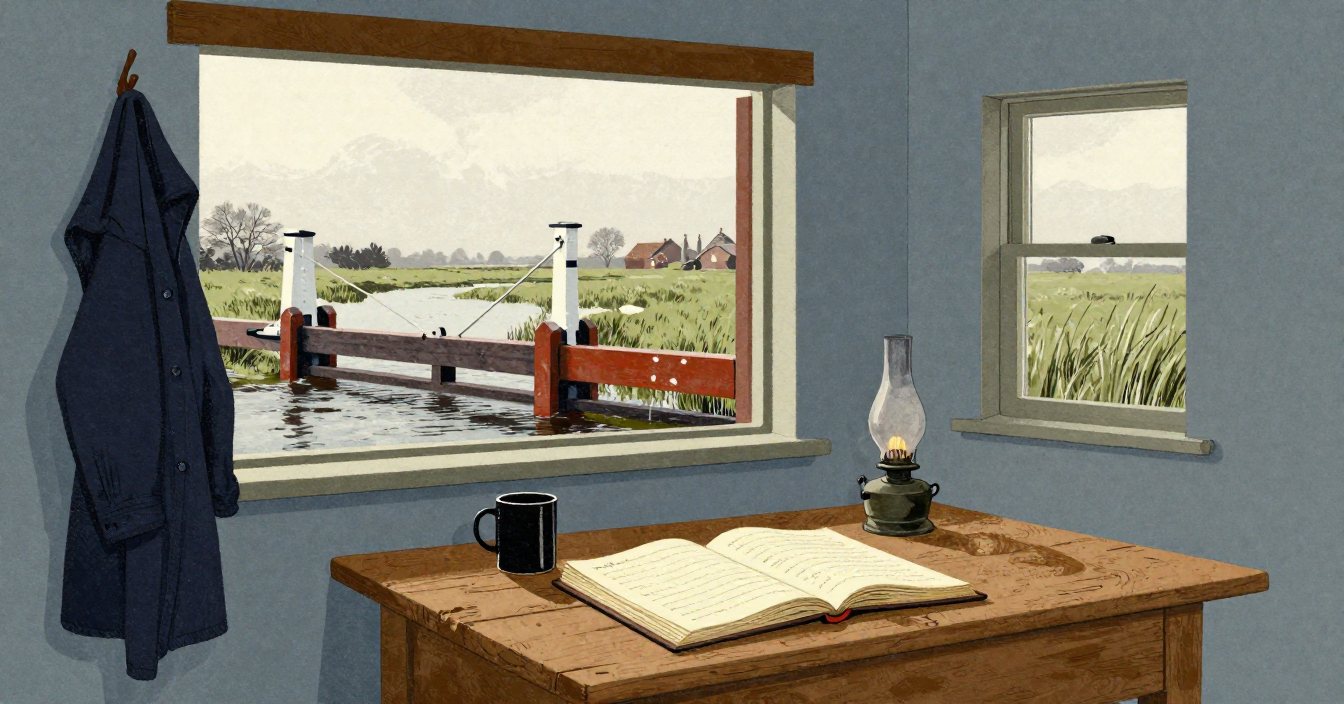 The kitchen of the lock cottage on a grey morning: a thick ledger lying open on a wooden table, an oil lamp still lit beside it, a coat on a hook, and through the window the beam of a lock gate and flat water. Nobody in the room.