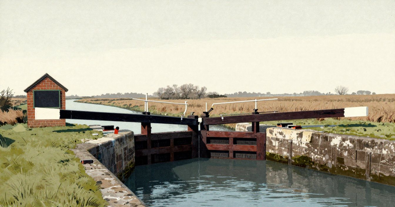 The sea lock at the bottom of the navigation: the stone chamber empty of boats, the gates shut, a small keeper's hut with a blank slate on its wall, and the cut running away straight across flat marsh under a wide pale sky. Nobody there.
