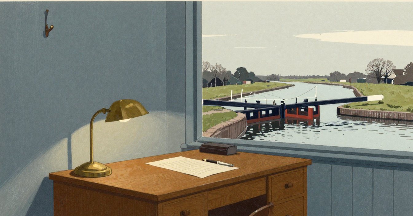 The navigation office at dusk: a plain wooden desk with a single ruled sheet and a fountain pen, a brass lamp lit, a bare wall with one coat hook, and a tall window onto the cut with a lock gate and its white-tipped beam beyond. Nobody in the room.