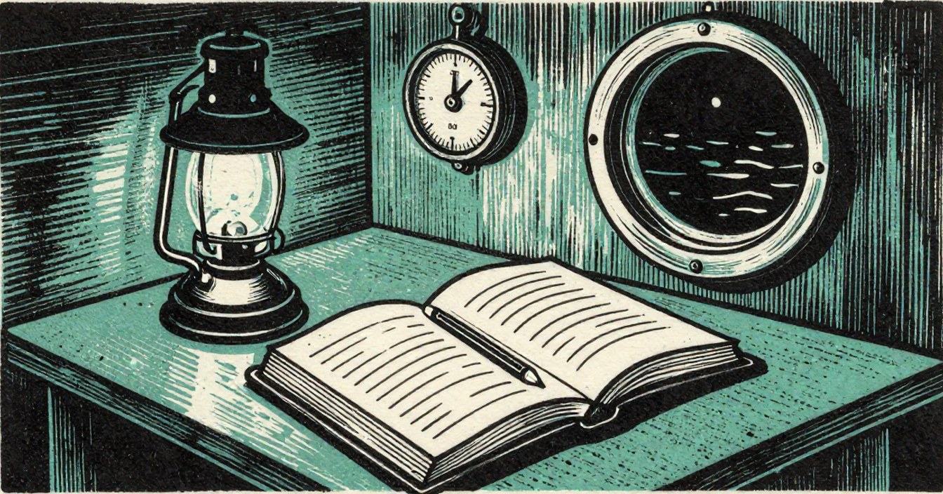 The chart table of a weather ship at night, a linocut in three inks on rough paper: a log book lying open beside a hurricane lantern, a pencil across the page, a barometer on the bulkhead, and a porthole full of black sea cut in heavy lines. Nobody in the room.