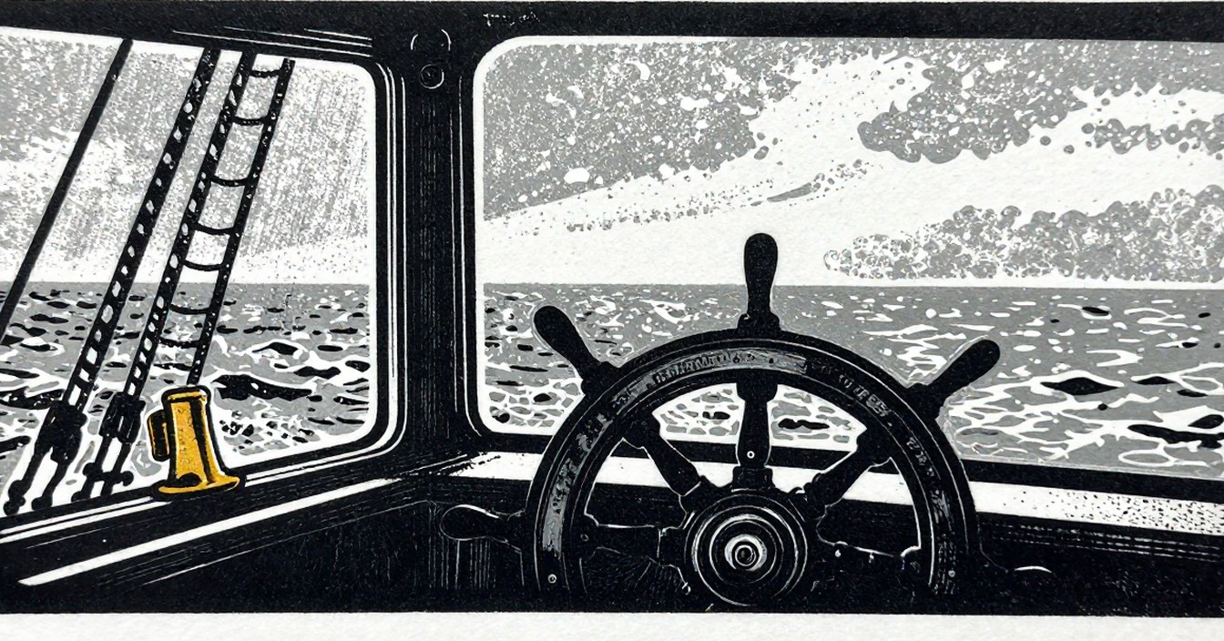 The wheelhouse of a weather ship, a linocut in three inks: the wheel in the foreground, a small brass fitting on the sill, rigging and a rope ladder outside the left-hand window, and beyond the glass a grey sea under a broken sky carved as rough cut texture. Nobody at the wheel.