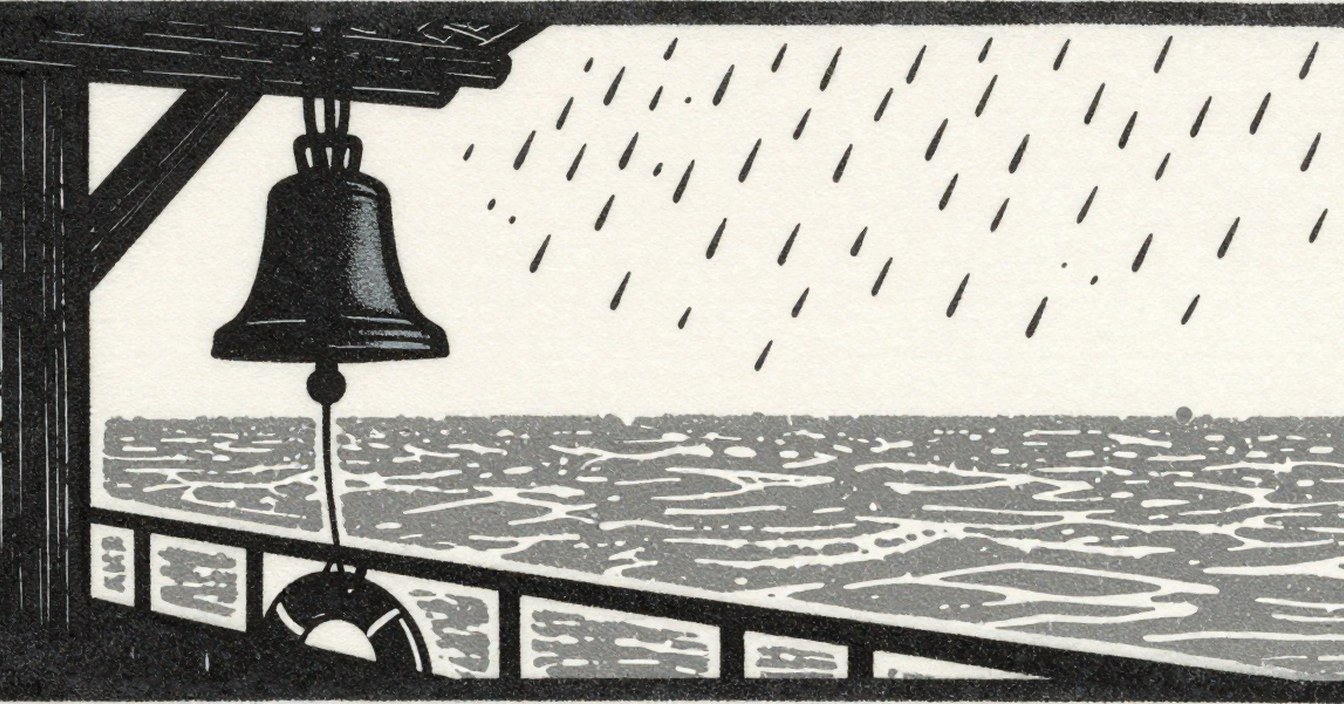 A ship's bell under the wheelhouse overhang, a woodblock print in two inks: the bell and its lanyard against a sky cut as driving rain, a rail and a lifebuoy below, and a heavy grey sea beyond. Nobody on deck.