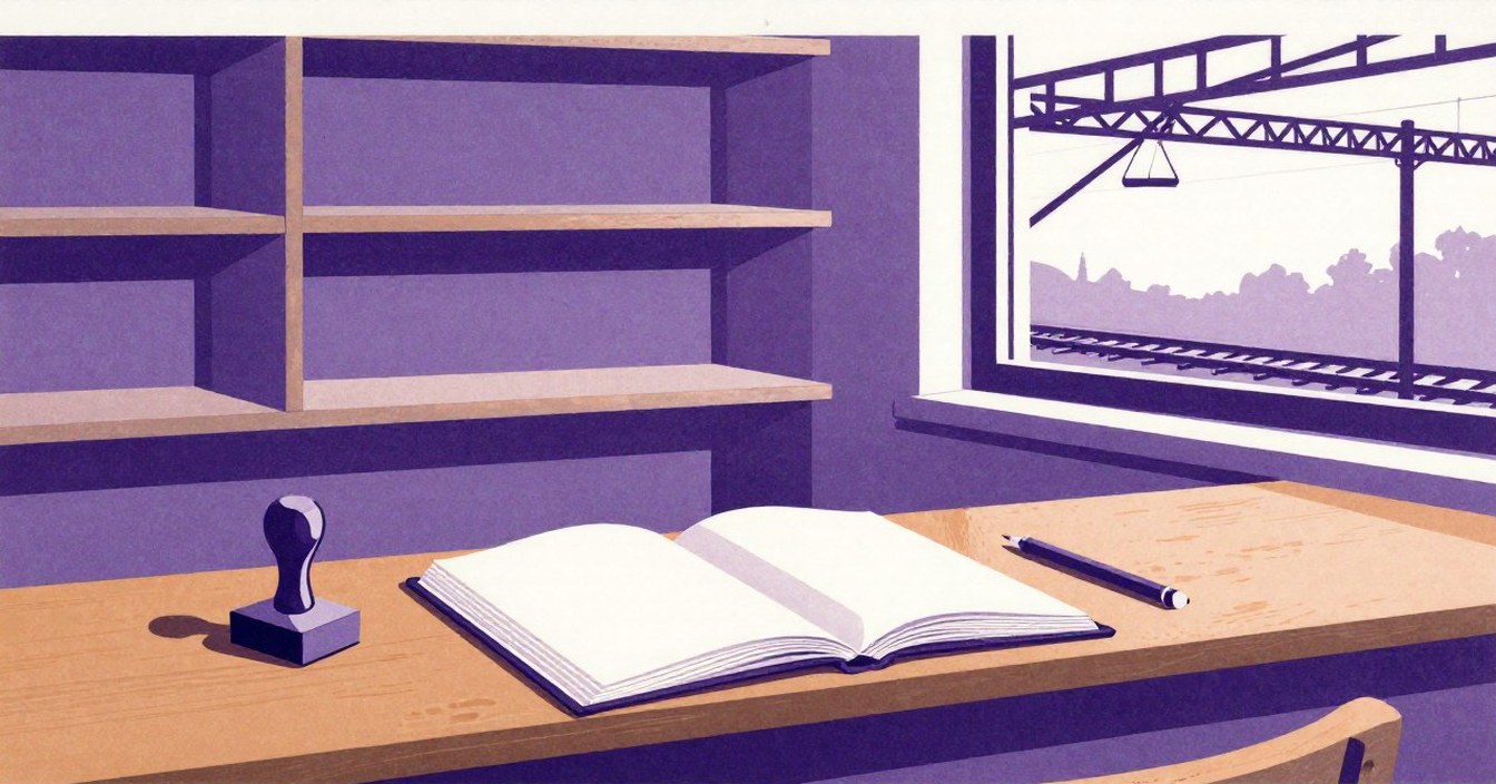 The parcel office counter at Sonnborn in the flat inks of a screen-printed poster: a thick consignment book lying open on a wooden counter, a rubber stamp and a pencil beside it, four empty shelves on the wall behind, and through the window the iron trestle of the suspended railway against an afternoon sky. Nobody in the room.