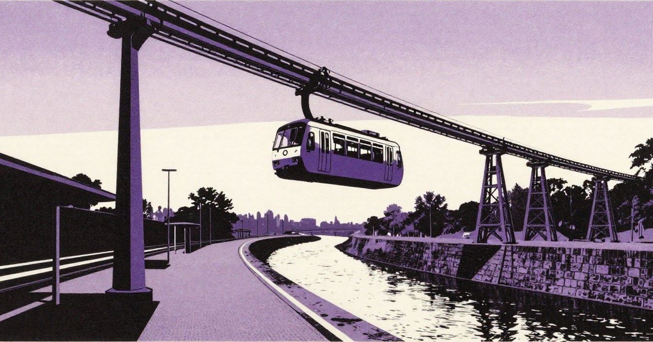 The suspended railway seen from a platform in flat poster shapes: a carriage hung beneath the iron track, the river running under it between stone walls, the trestle legs marching away along the valley, and the bare platform under a pale evening sky. Nobody on it.