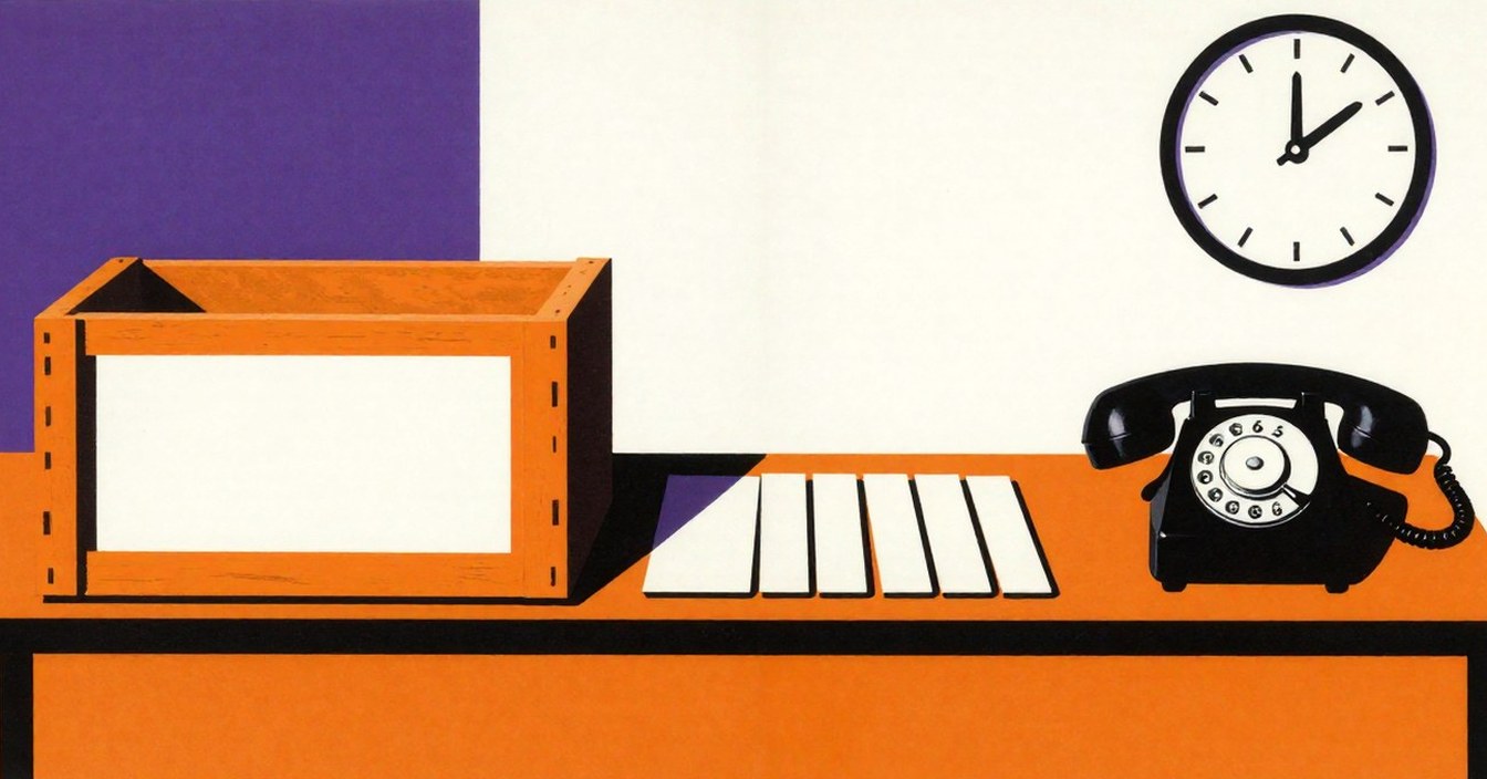 An unsigned-for parcel on the office counter, in the flat violet, orange and black inks of a 1960s poster: an open wooden crate with a blank white label, a row of white enamel strips laid side by side next to it, a black dial telephone, and the office clock on the wall. Nobody in the room.