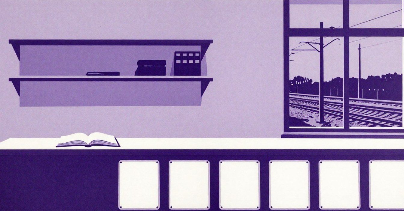 The parcel office at Sonnborn emptied, in flat poster inks: pale rectangles on the wall where the shelves stood, the counter bare but for the open book and eight white enamel panels laid in a row, and through the window the iron trestle of the railway against an evening sky. Nobody in the room.