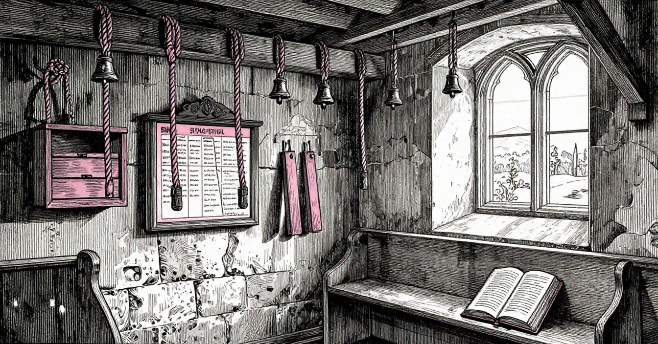 The ringing chamber of a village church tower on a winter morning: eight bell ropes hanging with their striped sallies, a painted chart screwed to the limewashed wall beside a wooden rope box, two spare ash stays hung on nails, and a thick register lying open on a bench under a narrow lancet window. Nobody in the chamber.