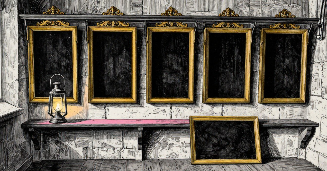 Five gilt-framed peal boards hung side by side on the stone wall of a ringing chamber, their faces dark, a sixth board leaning against the front of the bench beneath them, its face dark, and a lit lantern on the bench. Nobody in the chamber.