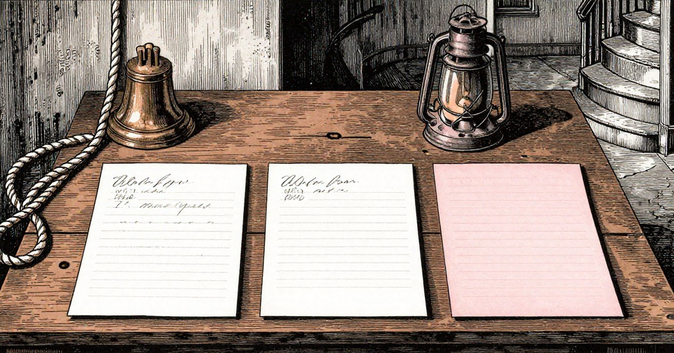 Three handwritten letters laid side by side on a scrubbed wooden table in a ringing chamber, a brass handbell beside them, a plain rope coiled at the table's edge, a lit lantern, and a stone stair curving up out of the room. Nobody there.