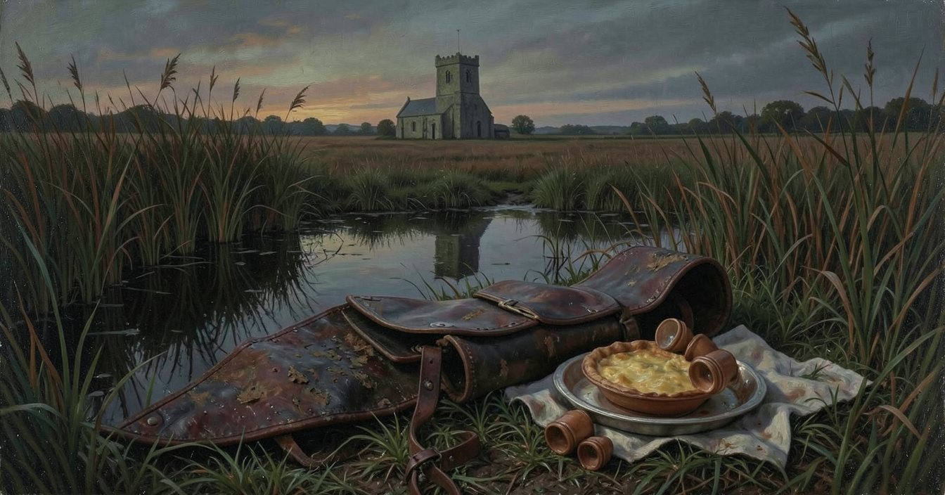 A worn leather saddlebag open on the grass beside a dark reed-fringed pond at dusk, small clay jars spilled out of it and a pie on a cloth, a squat flint church tower across the marsh