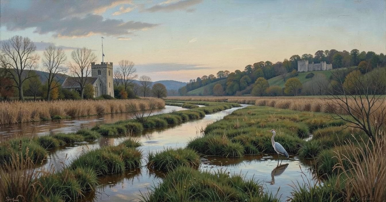 Flat brook meadows cut by winding water-filled dykes under a pale evening sky, a heron standing in a ditch, a flint church tower on the left and a castle on a wooded hill in the distance