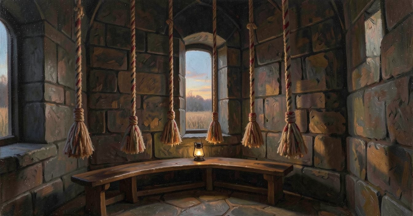 Six bell ropes with striped sallies hanging in a stone ringing chamber at dusk, a lantern on the bench and marsh light through a narrow window