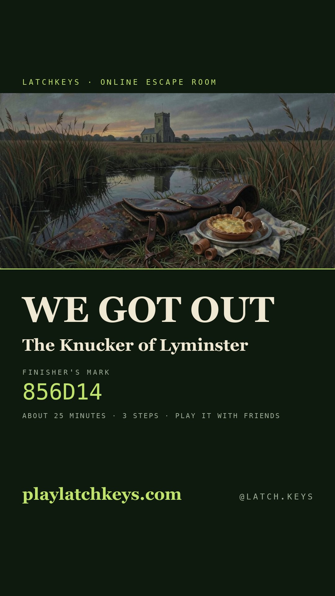 Story card: we got out of The Knucker of Lyminster, with the finisher's mark and playlatchkeys.com