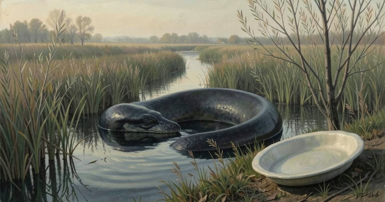 A huge dark sleek water creature curled asleep half in a marsh dyke among pale willows at the last of the light, a large empty pie dish on the bank beside it