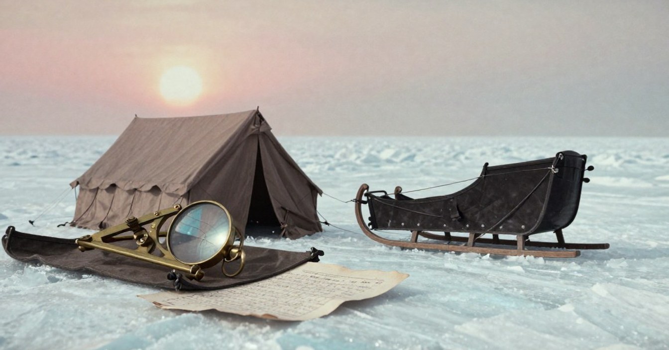 A brass sextant with a round glass lying on a dark canvas sheet on the ice beside a curled page of pencilled figures, a canvas tent with its door open and an empty sledge with slack traces behind, under a low rose sun, as a hand-coloured glass lantern slide in sepia and ice cyan. Nobody in it.