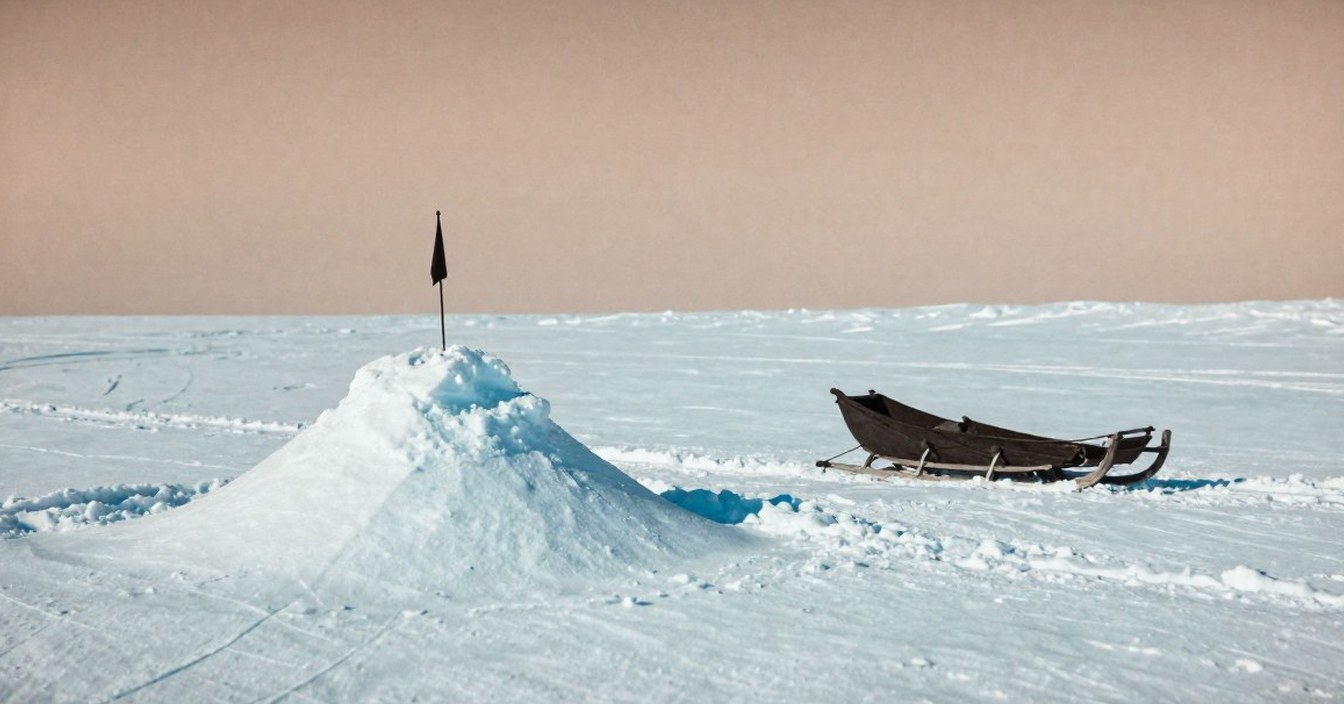 The empty Barrier at sledge height, a snow cairn with a small black flag on a pole in the foreground, old sledge tracks half drifted over around it, a blue shadow at its foot and an empty wooden sledge standing on the snow to one side, under a sepia sky, as a hand-coloured glass lantern slide in sepia and ice cyan. Nobody in it.