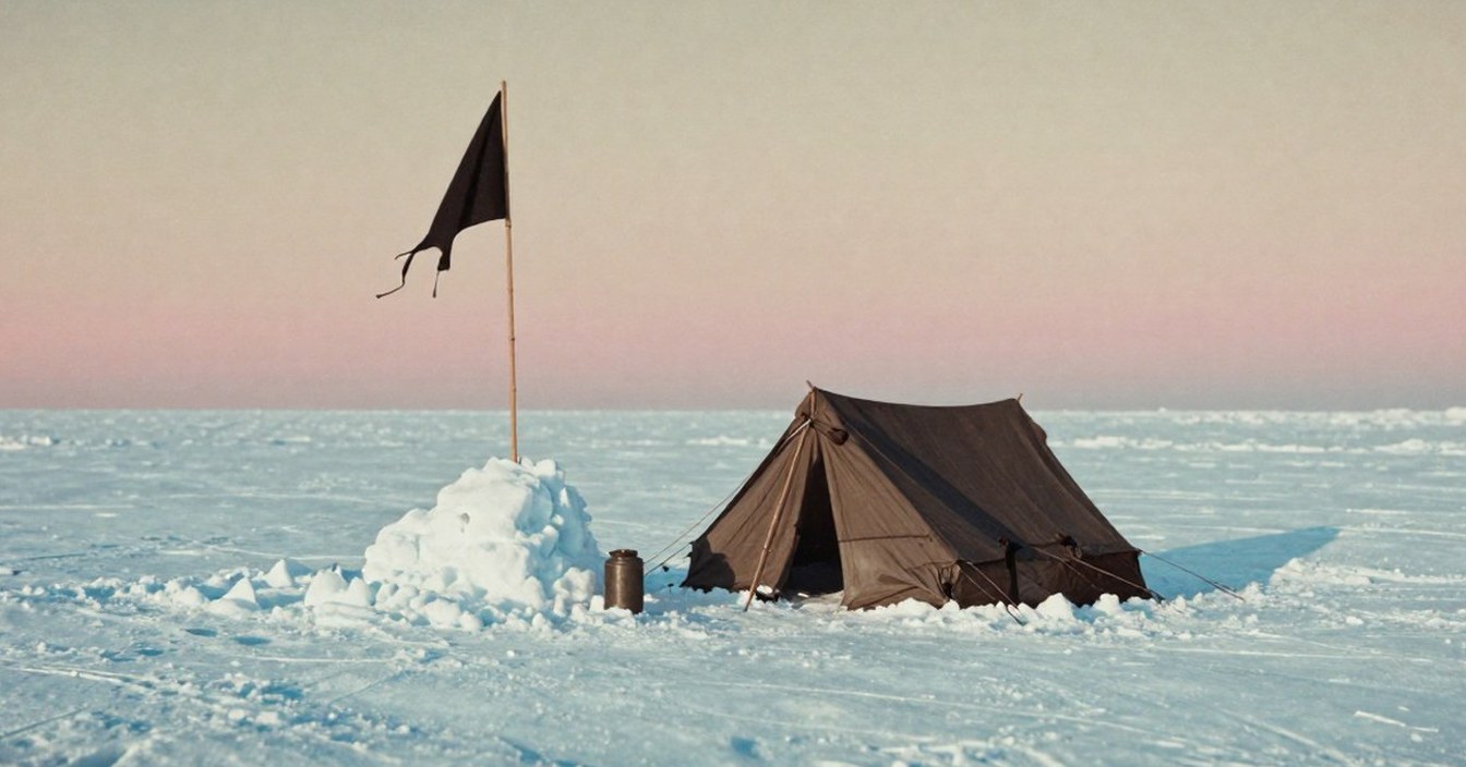 A snow cairn with a bamboo pole and a torn black flag on a flat ice plain, a ration tin at the cairn's foot and a small tent pitched beside it with its door open, a long blue shadow behind the tent and a band of rose on the horizon, as a hand-coloured glass lantern slide tinted sepia and ice cyan. Nobody in it.