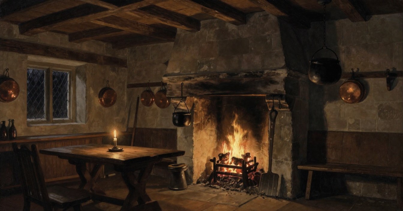 The kitchen of an old manor at night, a wide stone fireplace with a fire burning, an iron pot on a chain, oak beams, copper pans on the walls, a single candle on a scrubbed table and a leaded window black with night. Nobody in the room.